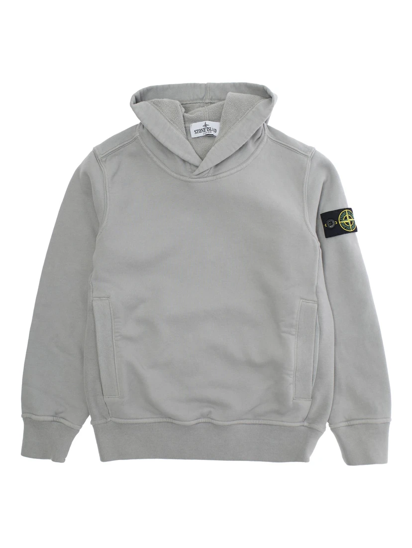 Grey Hoodie with Fixed Hood and Logo Patch on the Sleeve in Cotton Boy