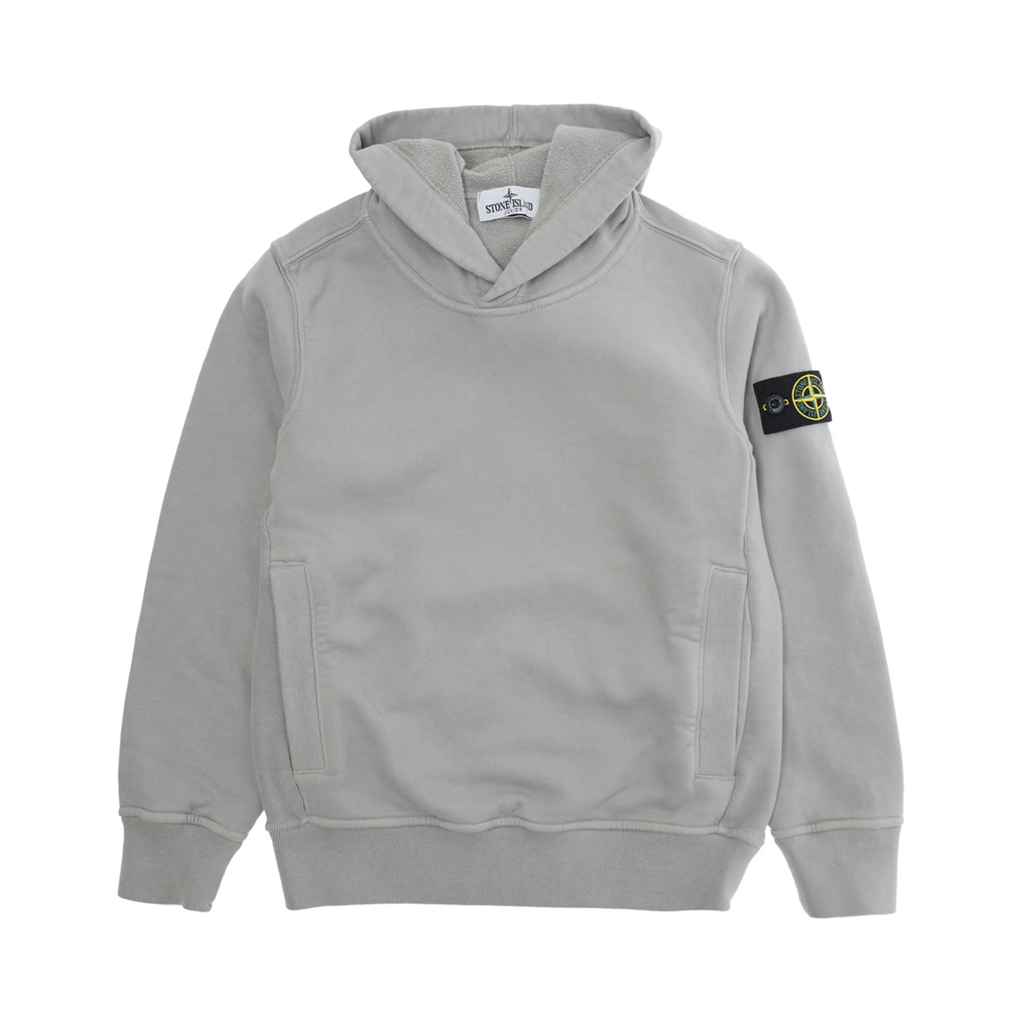 Grey Hoodie with Fixed Hood and Logo Patch on the Sleeve in Cotton Boy