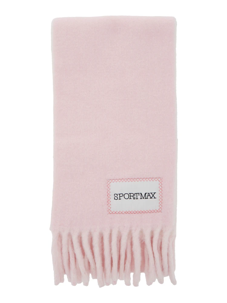 Pink Scarf with Logo Patch on the Front and Fringed Hem in Wool Blend Woman