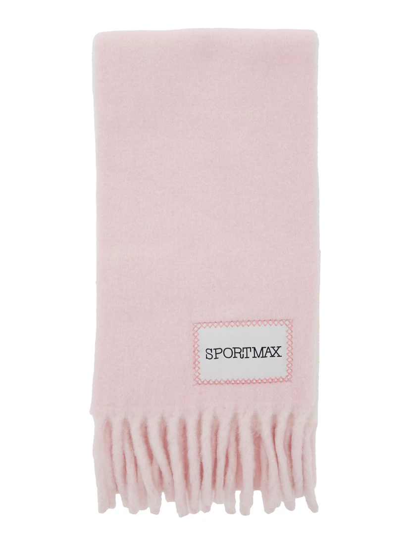 Pink Scarf with Logo Patch on the Front and Fringed Hem in Wool Blend Woman
