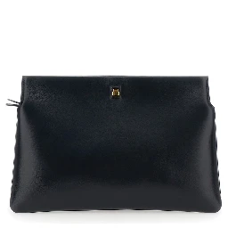 Black Three-Fold Clutch Bag with Twist Lock in Leather Woman