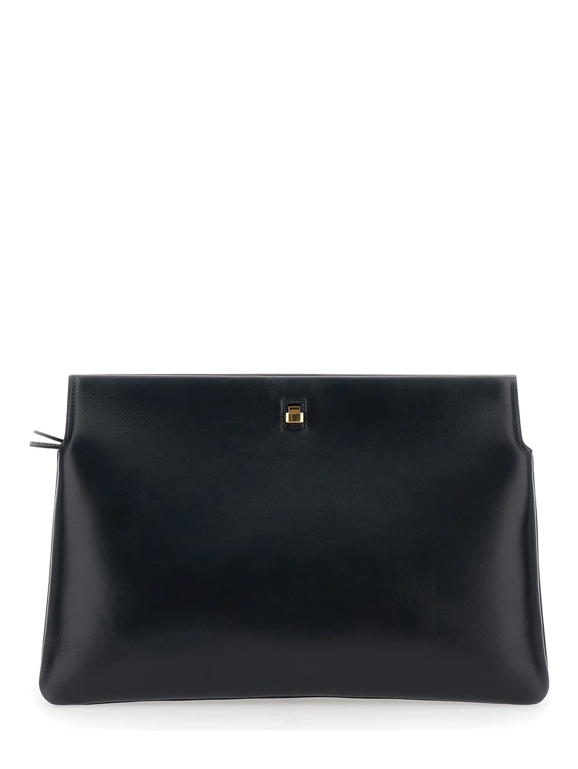 Black Three-Fold Clutch Bag with Twist Lock in Leather Woman