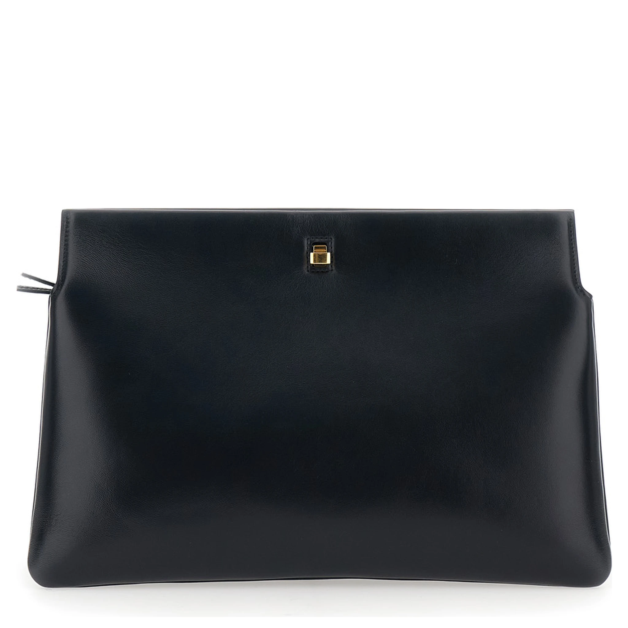 Black Three-Fold Clutch Bag with Twist Lock in Leather Woman