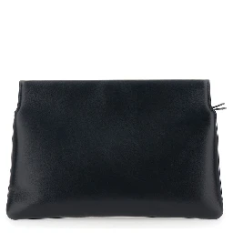 Black Three-Fold Clutch Bag with Twist Lock in Leather Woman