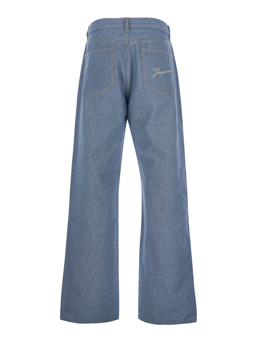 Le De-Nimes Droit Blue Five Pocket Jeans with Embroidered Logo on the Back in Denim Man