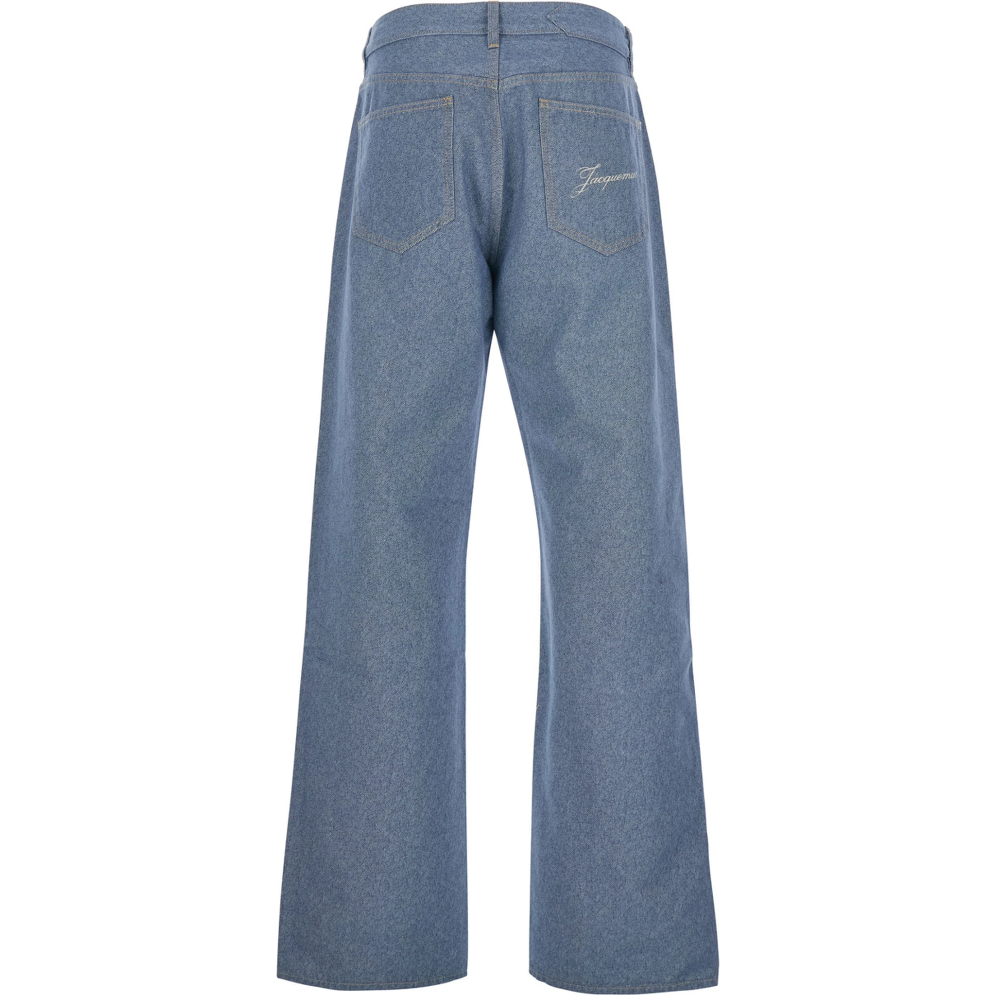 Le De-Nimes Droit Blue Five Pocket Jeans with Embroidered Logo on the Back in Denim Man