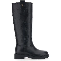 Black Knee-High Boots with All-Over Embossed FF Motif in Leather Woman