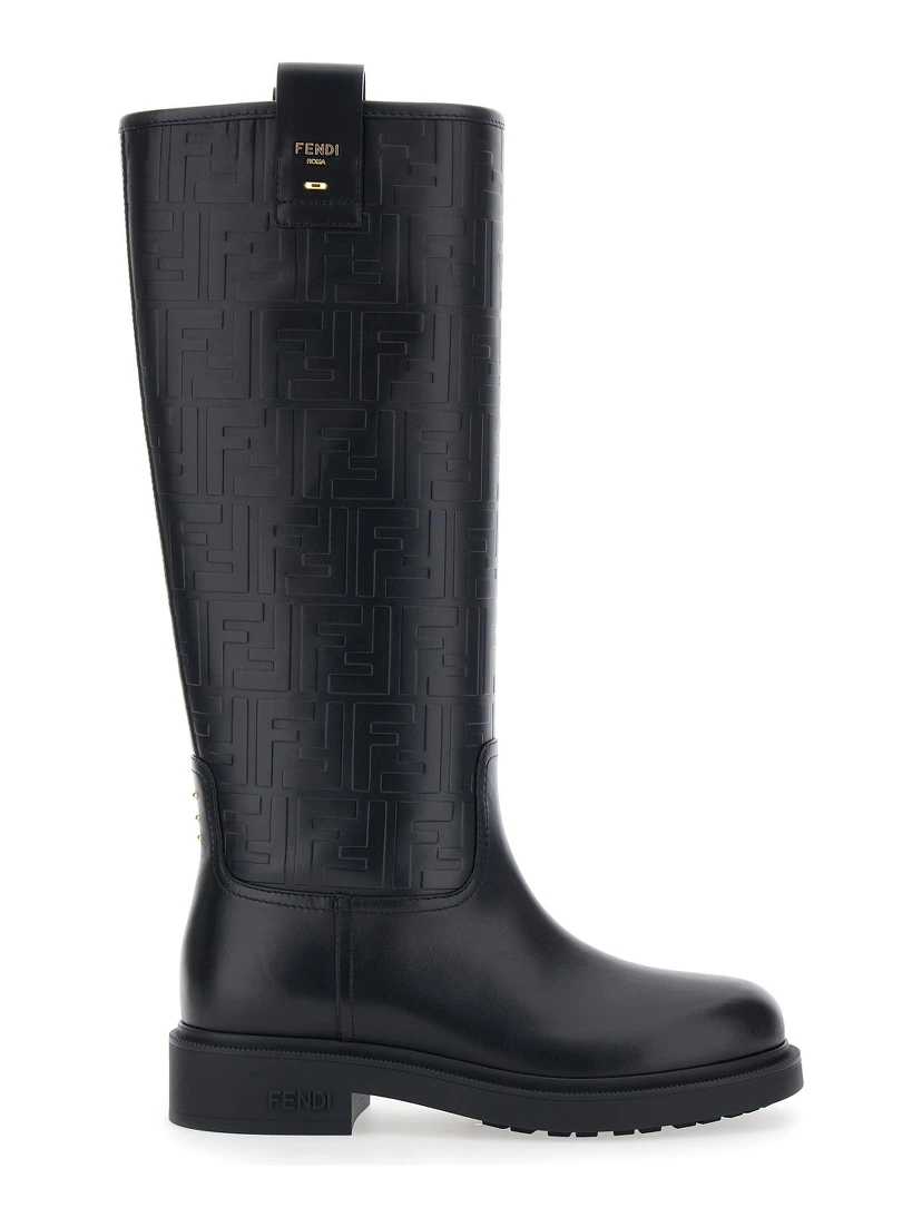 Black Knee-High Boots with All-Over Embossed FF Motif in Leather Woman