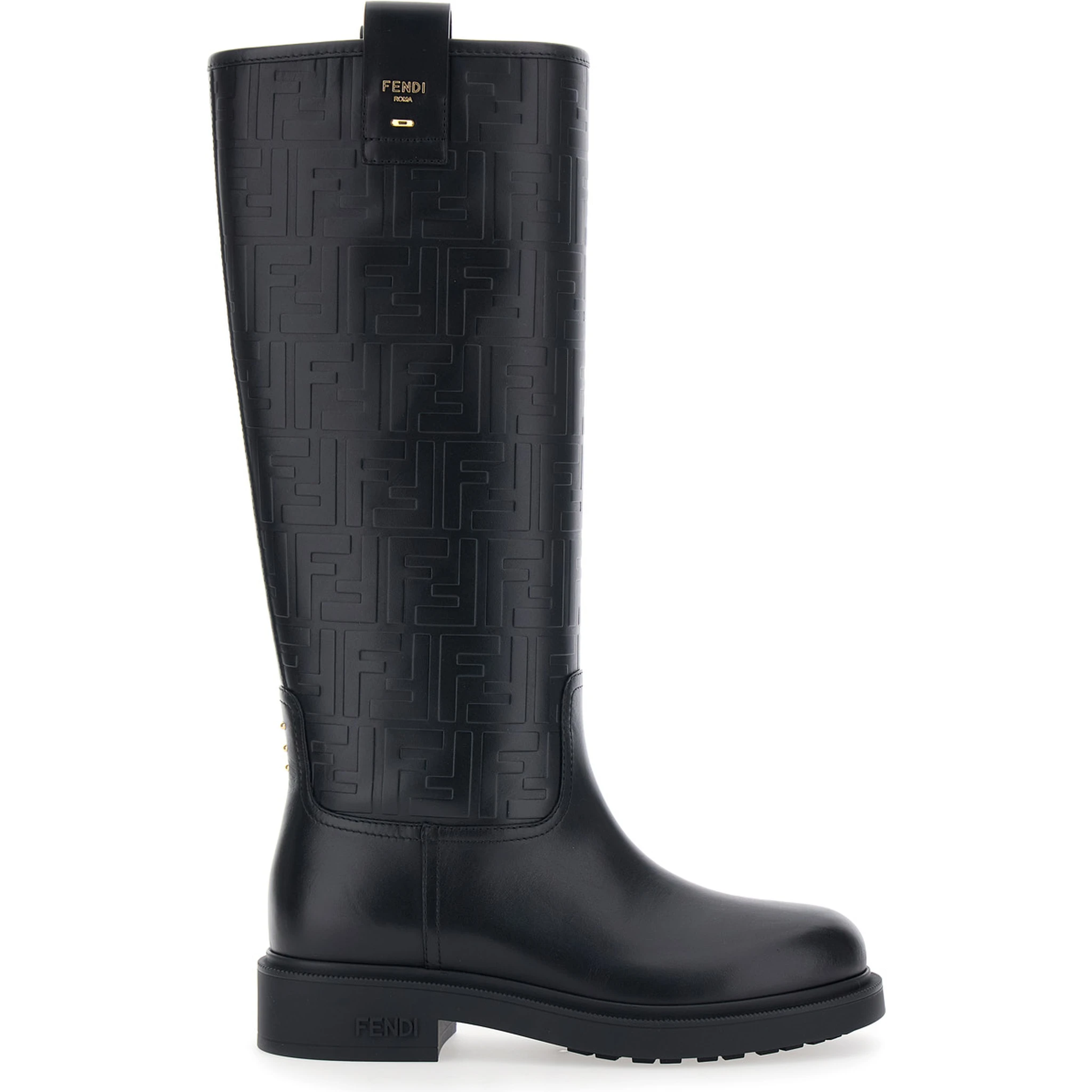 Black Knee-High Boots with All-Over Embossed FF Motif in Leather Woman