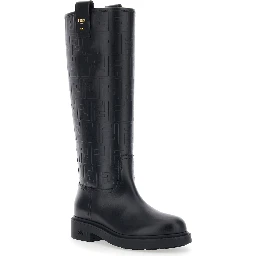 Black Knee-High Boots with All-Over Embossed FF Motif in Leather Woman