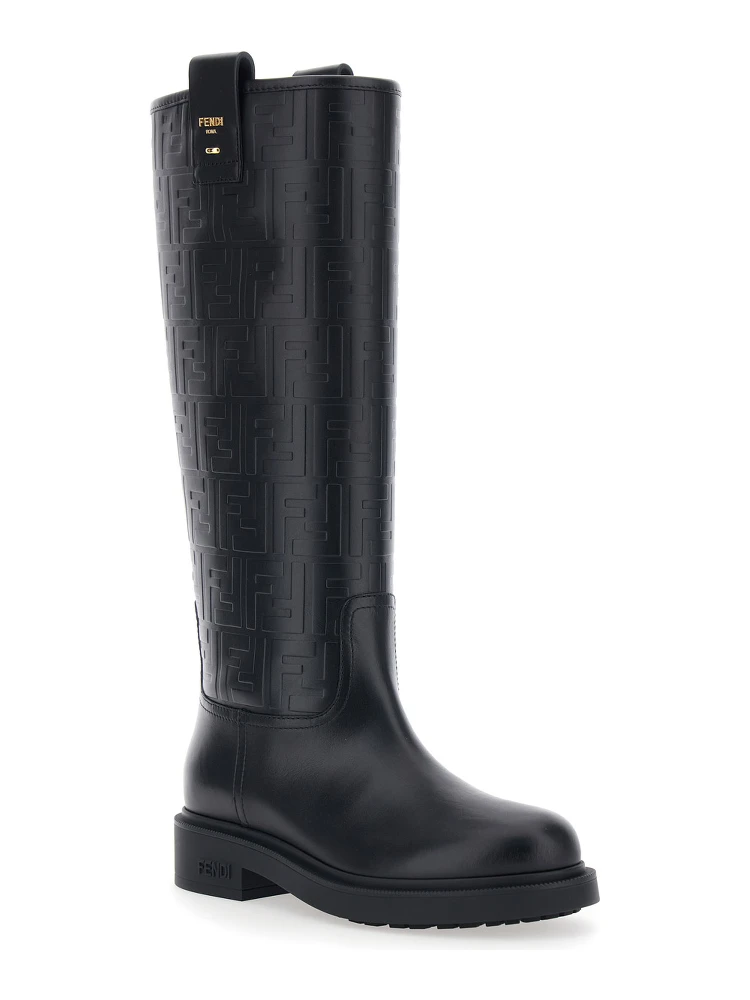 Black Knee-High Boots with All-Over Embossed FF Motif in Leather Woman alternative
