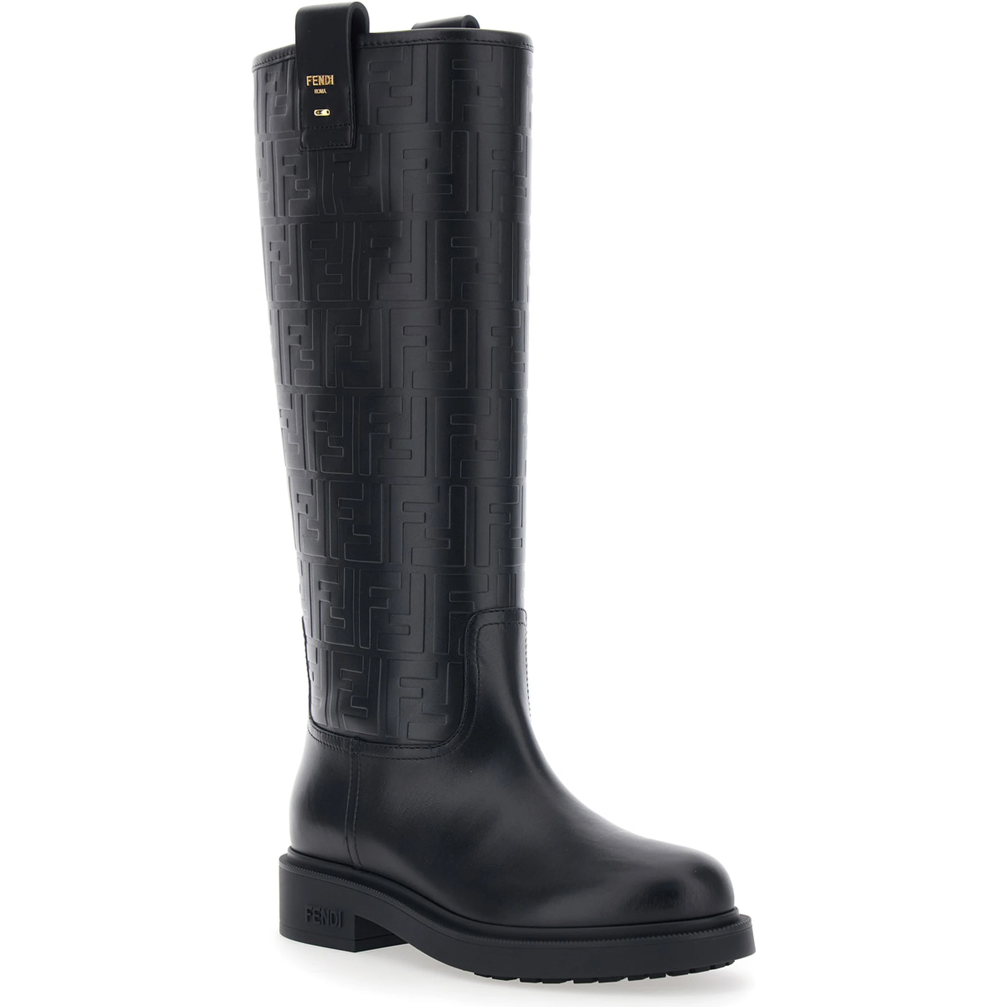 Black Knee-High Boots with All-Over Embossed FF Motif in Leather Woman