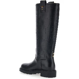 Black Knee-High Boots with All-Over Embossed FF Motif in Leather Woman