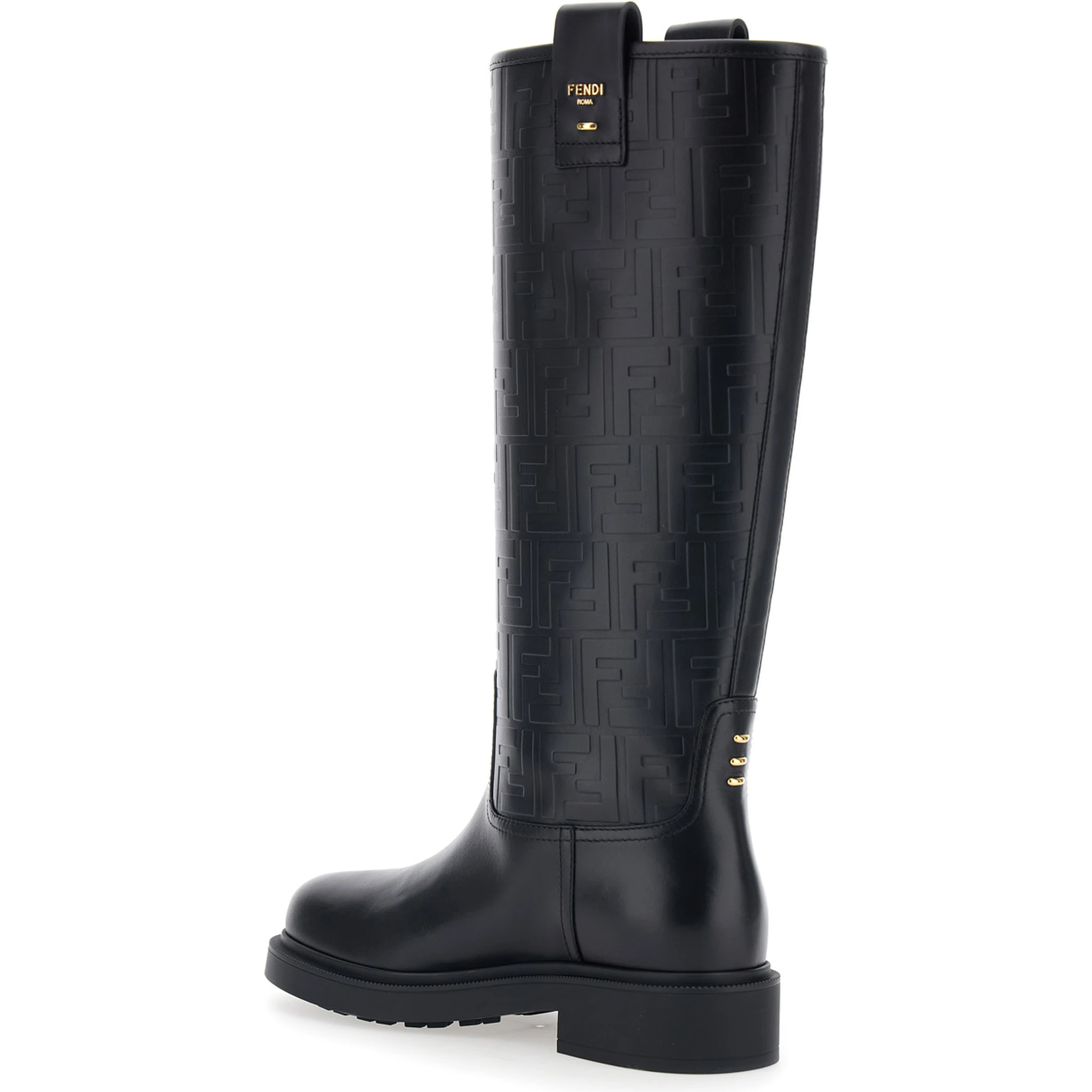 Black Knee-High Boots with All-Over Embossed FF Motif in Leather Woman
