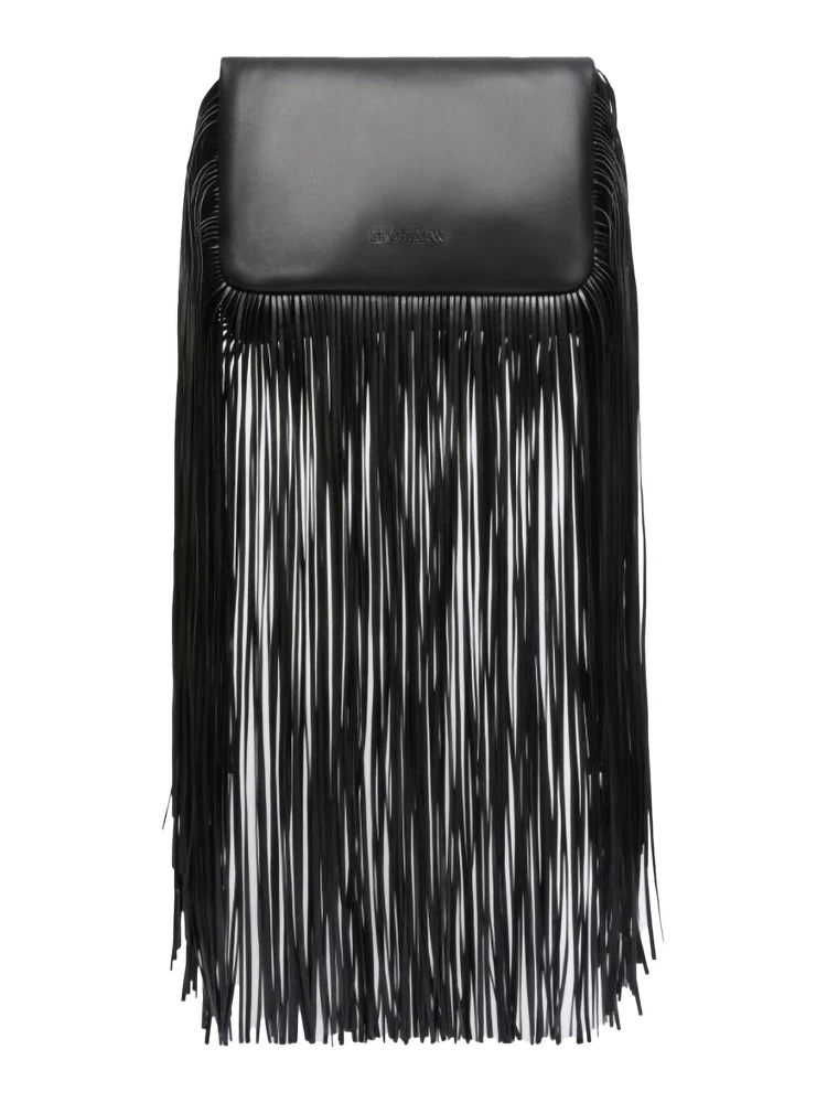 Soffy Black Handbag with Adjustable and Removable Shoulder Strap and Oversized Fringe Embellishments in Leather Woman