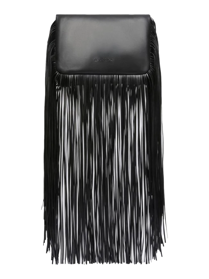 Soffy Black Handbag with Adjustable and Removable Shoulder Strap and Oversized Fringe Embellishments in Leather Woman