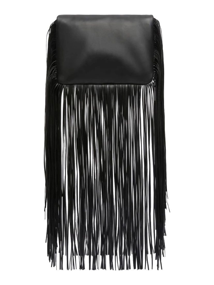 Soffy Black Handbag with Adjustable and Removable Shoulder Strap and Oversized Fringe Embellishments in Leather Woman