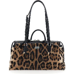 حقيبة يد فيتوريا بنية اللون مزينة بشعار العلامة التجارية في الأمام ونقشة جلد النمر بالكامل، مصنوعة من الجلد، للنساء