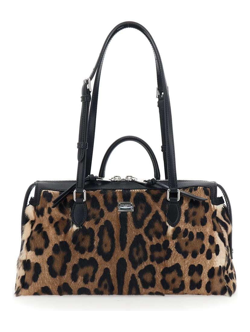 حقيبة يد فيتوريا بنية اللون مزينة بشعار العلامة التجارية في الأمام ونقشة جلد النمر بالكامل، مصنوعة من الجلد، للنساء