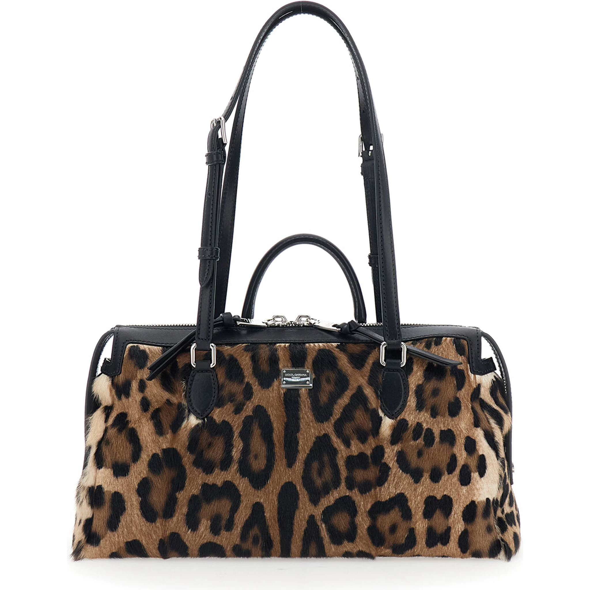 حقيبة يد فيتوريا بنية اللون مزينة بشعار العلامة التجارية في الأمام ونقشة جلد النمر بالكامل، مصنوعة من الجلد، للنساء