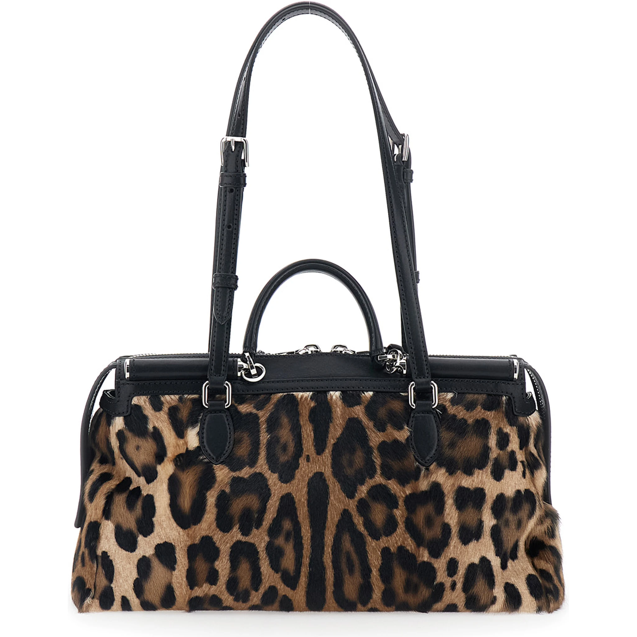 حقيبة يد فيتوريا بنية اللون مزينة بشعار العلامة التجارية في الأمام ونقشة جلد النمر بالكامل، مصنوعة من الجلد، للنساء