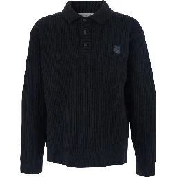 Black Ribbed Sweater with Front Logo Patch in Cotton Man