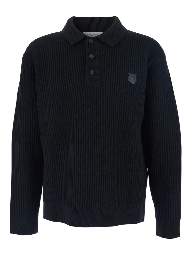 Black Ribbed Sweater with Front Logo Patch in Cotton Man