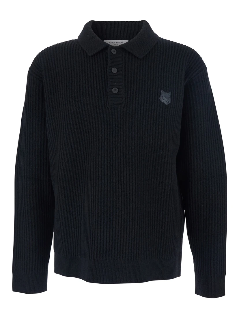 Black Ribbed Sweater with Front Logo Patch in Cotton Man