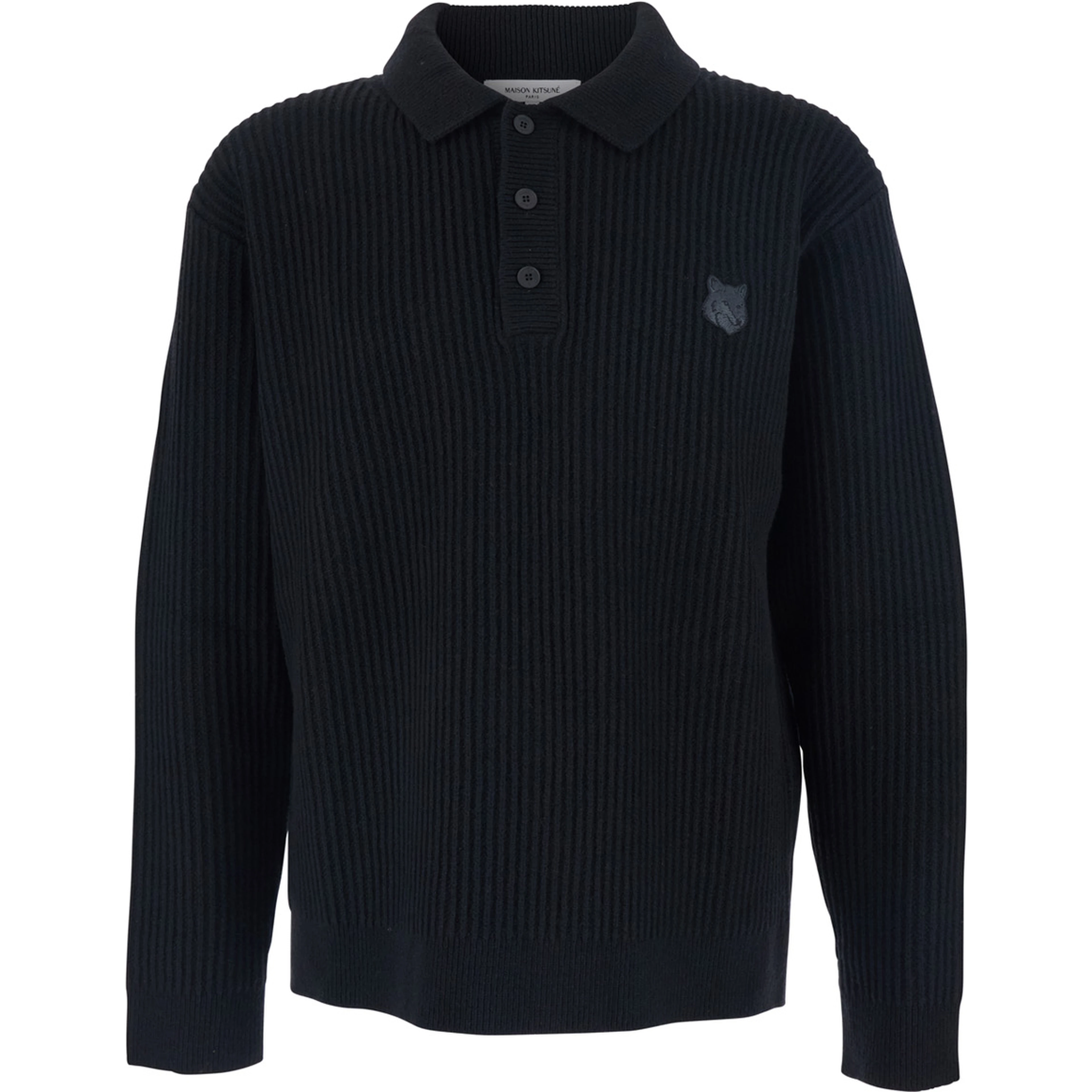 Black Ribbed Sweater with Front Logo Patch in Cotton Man