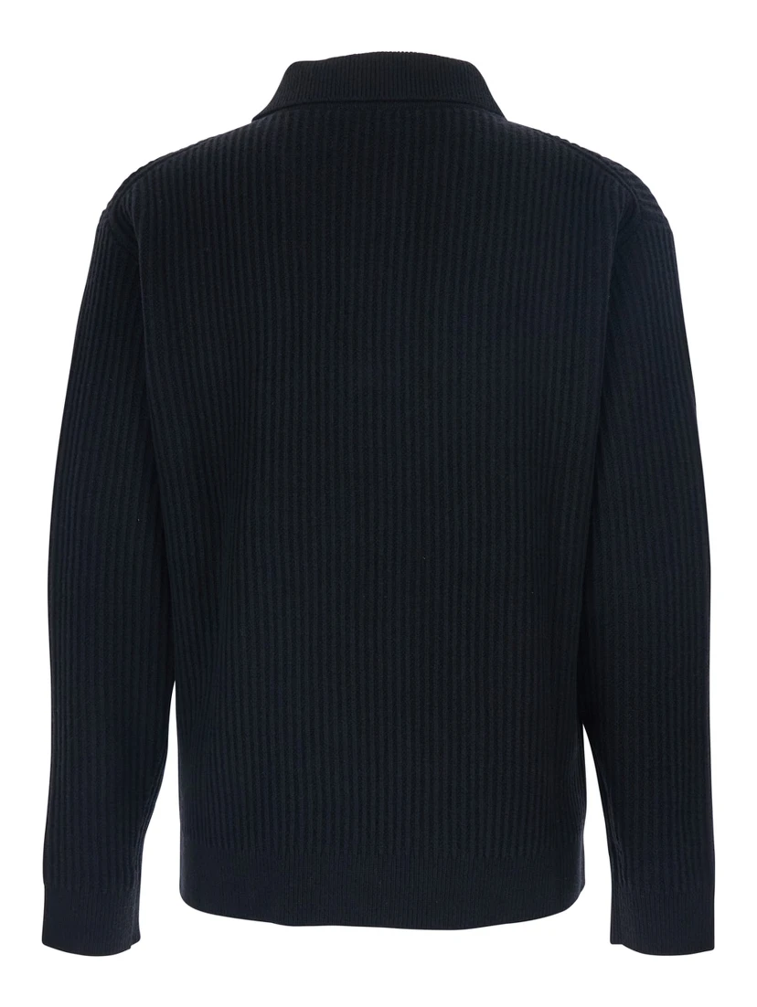 Black Ribbed Sweater with Front Logo Patch in Cotton Man