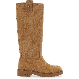 Beige Knee-High Boots with All-Over Embossed FF Motif in Suede Woman