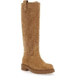 Beige Knee-High Boots with All-Over Embossed FF Motif in Suede Woman