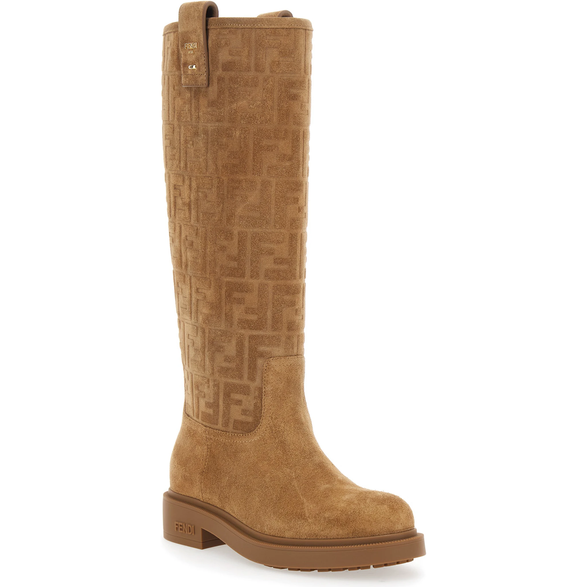 Beige Knee-High Boots with All-Over Embossed FF Motif in Suede Woman