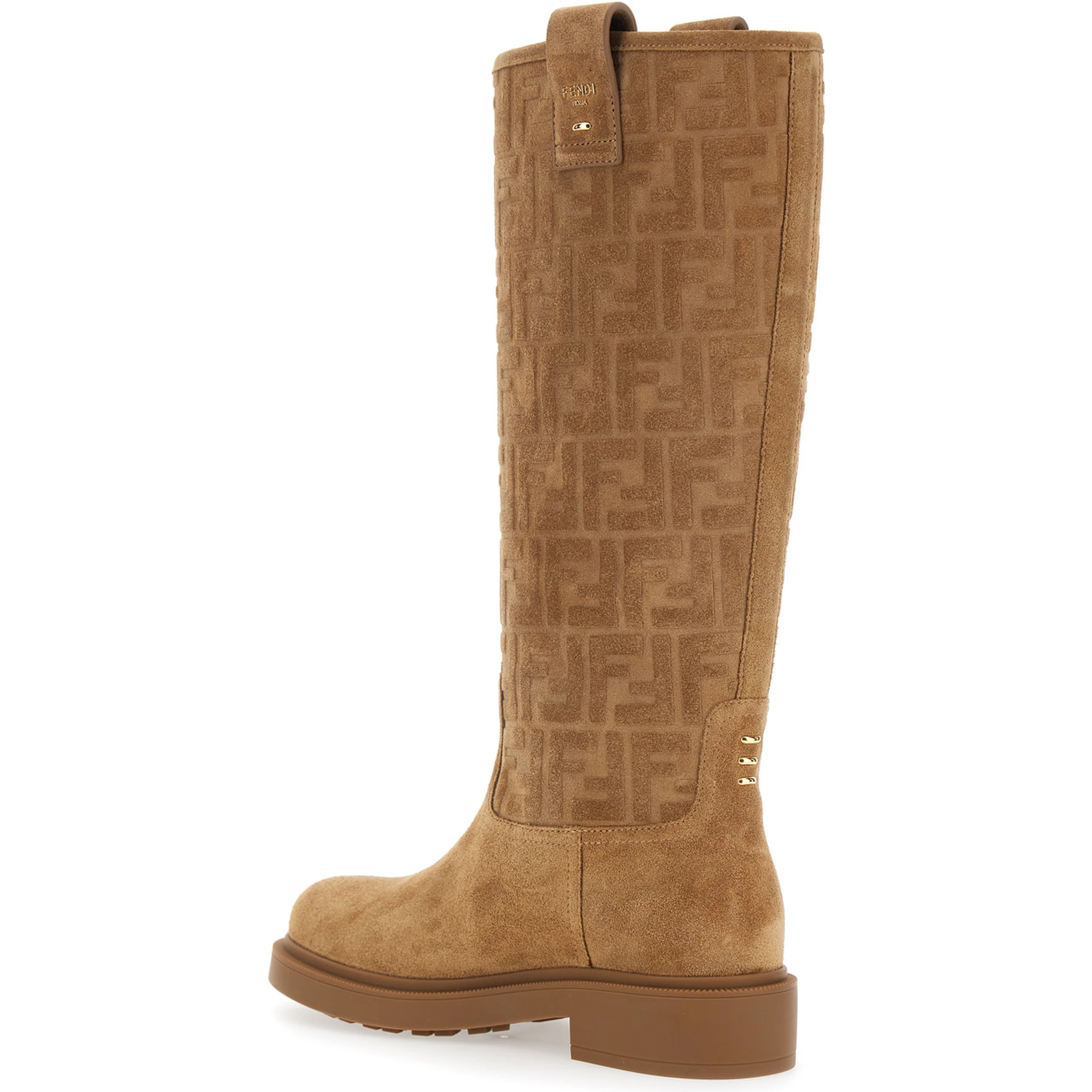 Beige Knee-High Boots with All-Over Embossed FF Motif in Suede Woman