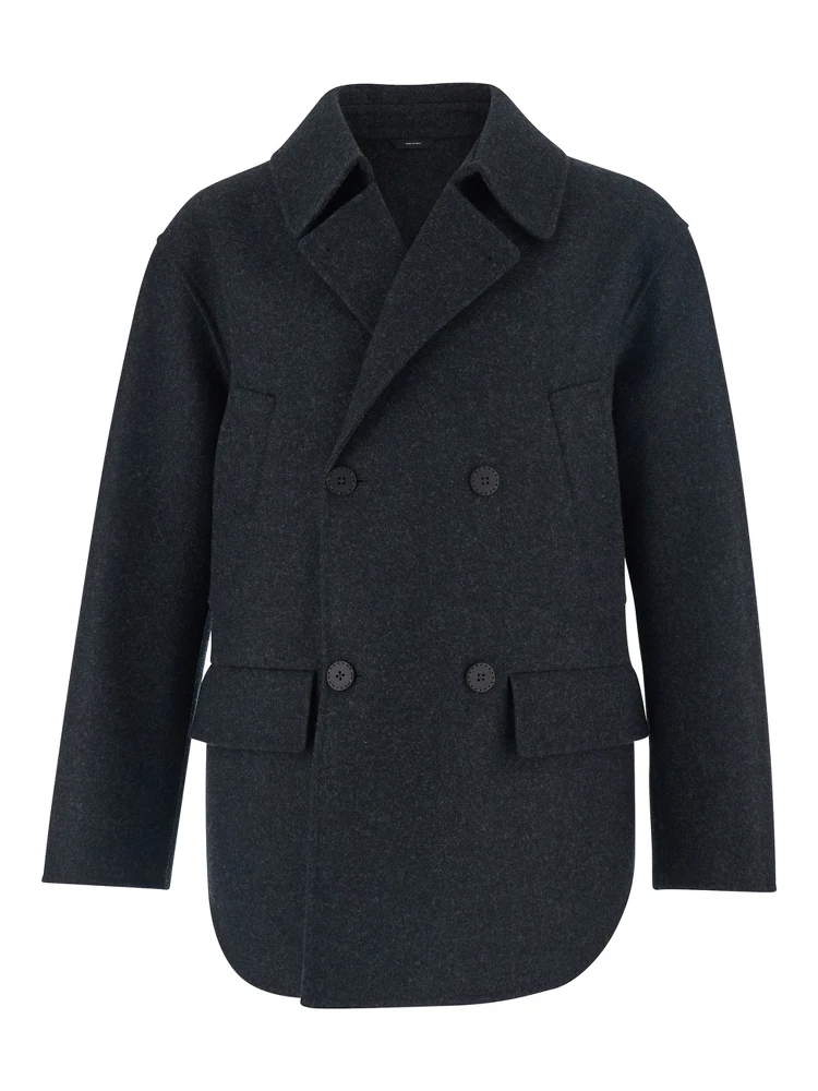 Black Double-Breasted Jacket with Notched Wide Revers in Wool Man