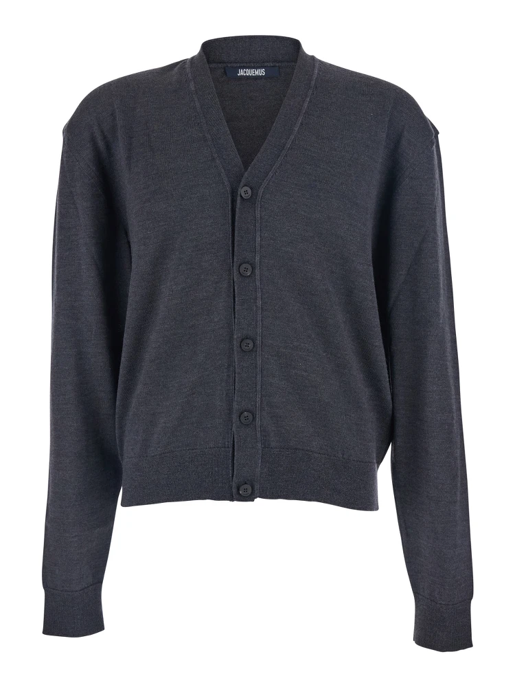 Grey V-Neck Cardigan with Logo on the Back in Cotton Man