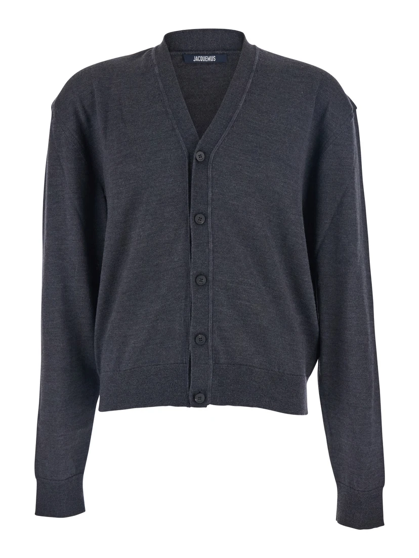 Grey V-Neck Cardigan with Logo on the Back in Cotton Man