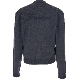 Grey V-Neck Cardigan with Logo on the Back in Cotton Man