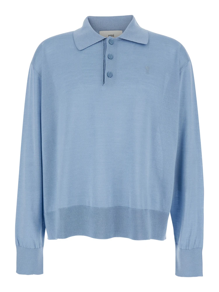 Light Blue Polo Shirt with Classic Collar and ADC Embroidery on the Front in Cotton and Silk Man