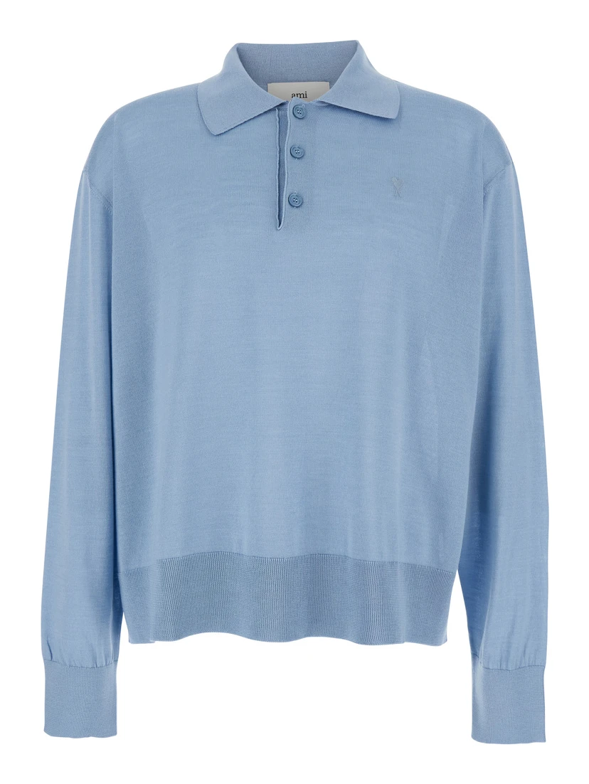 Light Blue Polo Shirt with Classic Collar and ADC Embroidery on the Front in Cotton and Silk Man