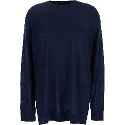 Blue Long-Sleeved Crewneck Sweater in Wool and Silk Blend Woman