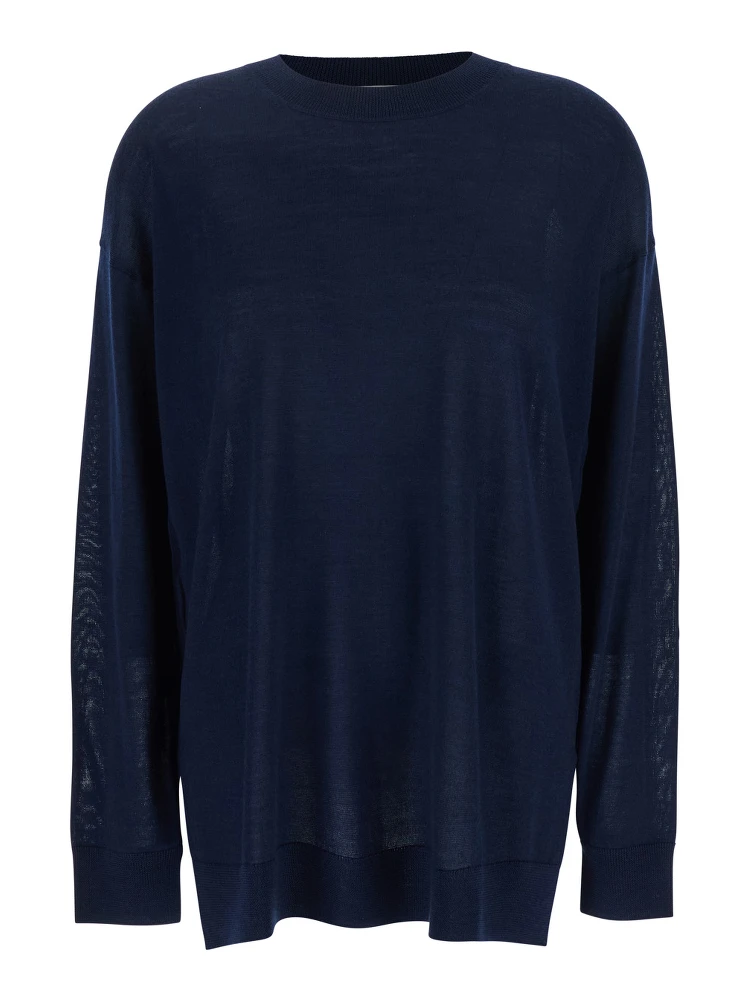 Blue Long-Sleeved Crewneck Sweater in Wool and Silk Blend Woman