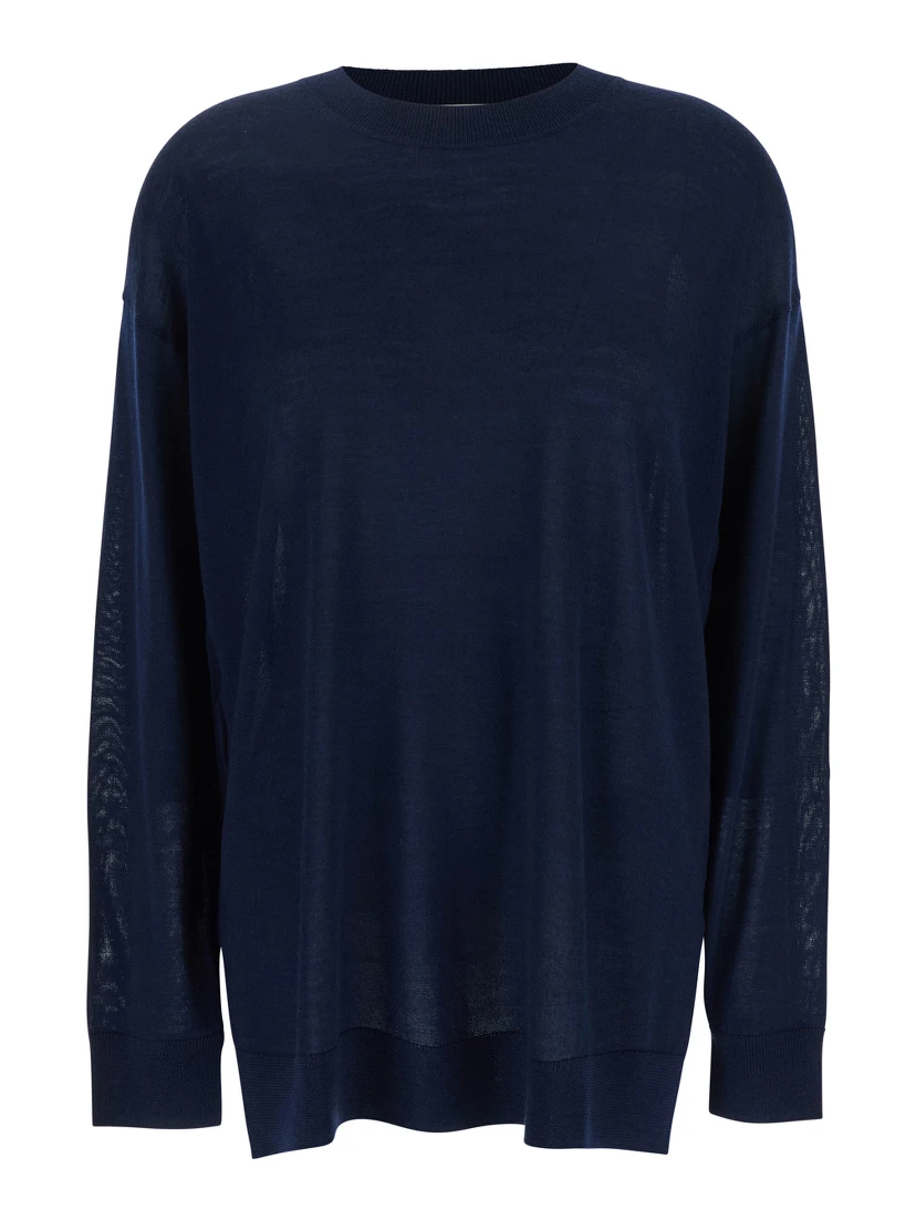 Blue Long-Sleeved Crewneck Sweater in Wool and Silk Blend Woman