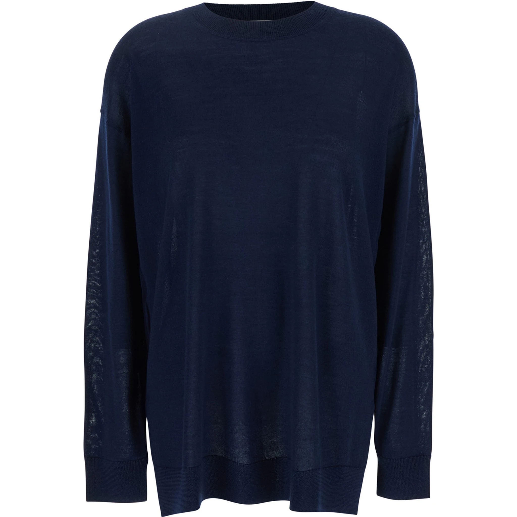 Blue Long-Sleeved Crewneck Sweater in Wool and Silk Blend Woman
