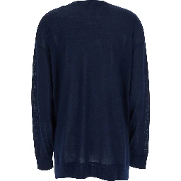 Blue Long-Sleeved Crewneck Sweater in Wool and Silk Blend Woman
