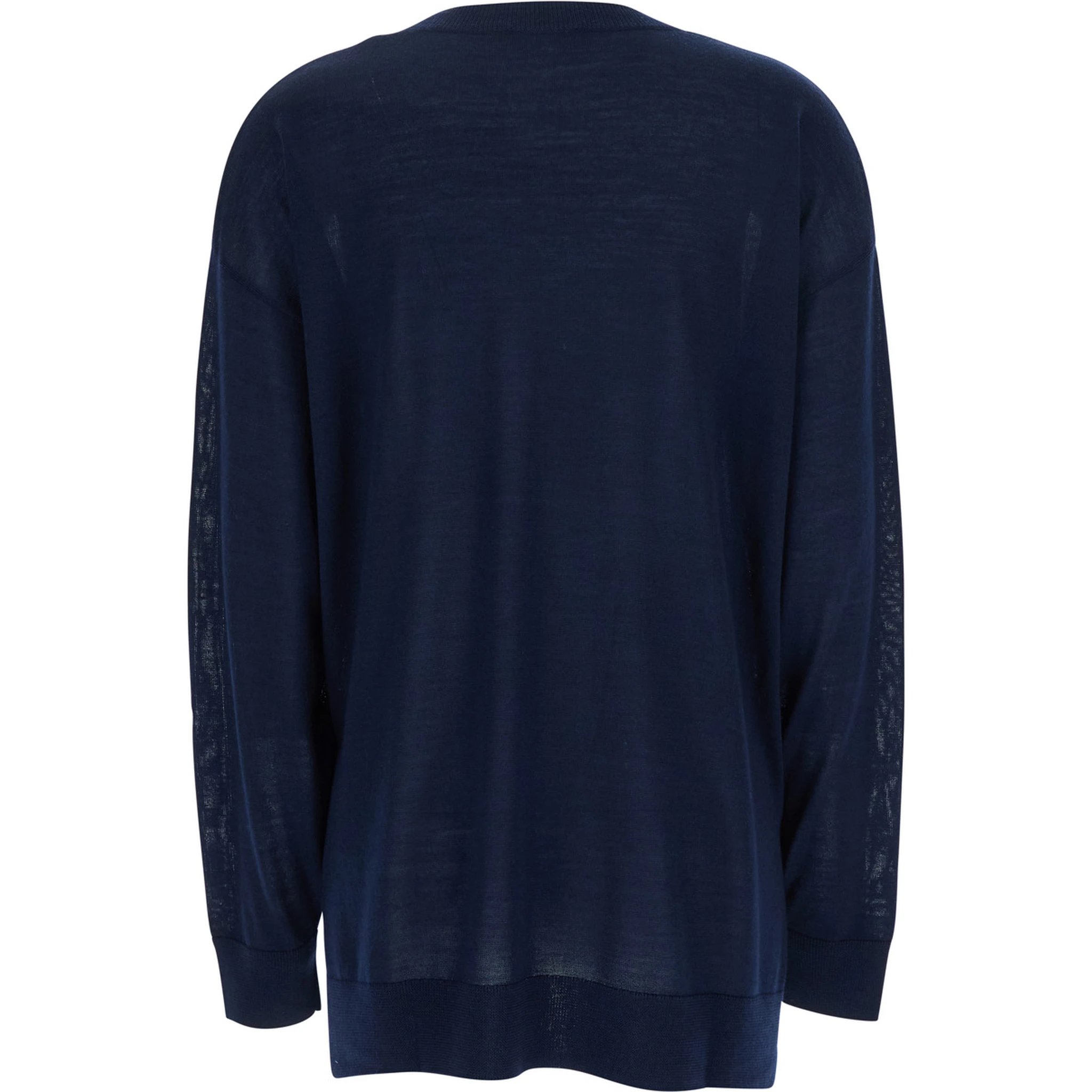Blue Long-Sleeved Crewneck Sweater in Wool and Silk Blend Woman