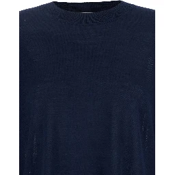 Blue Long-Sleeved Crewneck Sweater in Wool and Silk Blend Woman