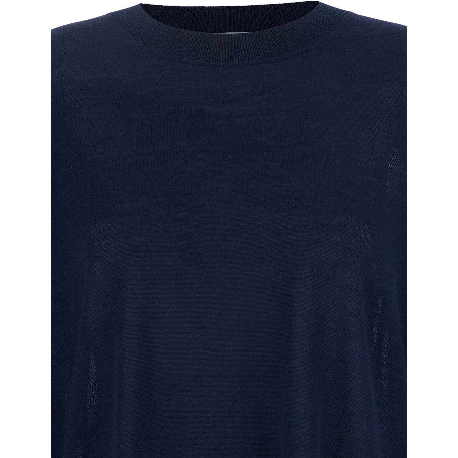Blue Long-Sleeved Crewneck Sweater in Wool and Silk Blend Woman