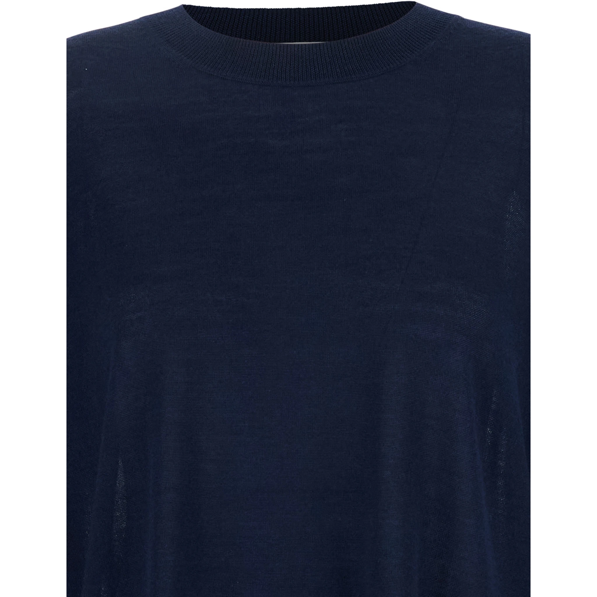 Blue Long-Sleeved Crewneck Sweater in Wool and Silk Blend Woman