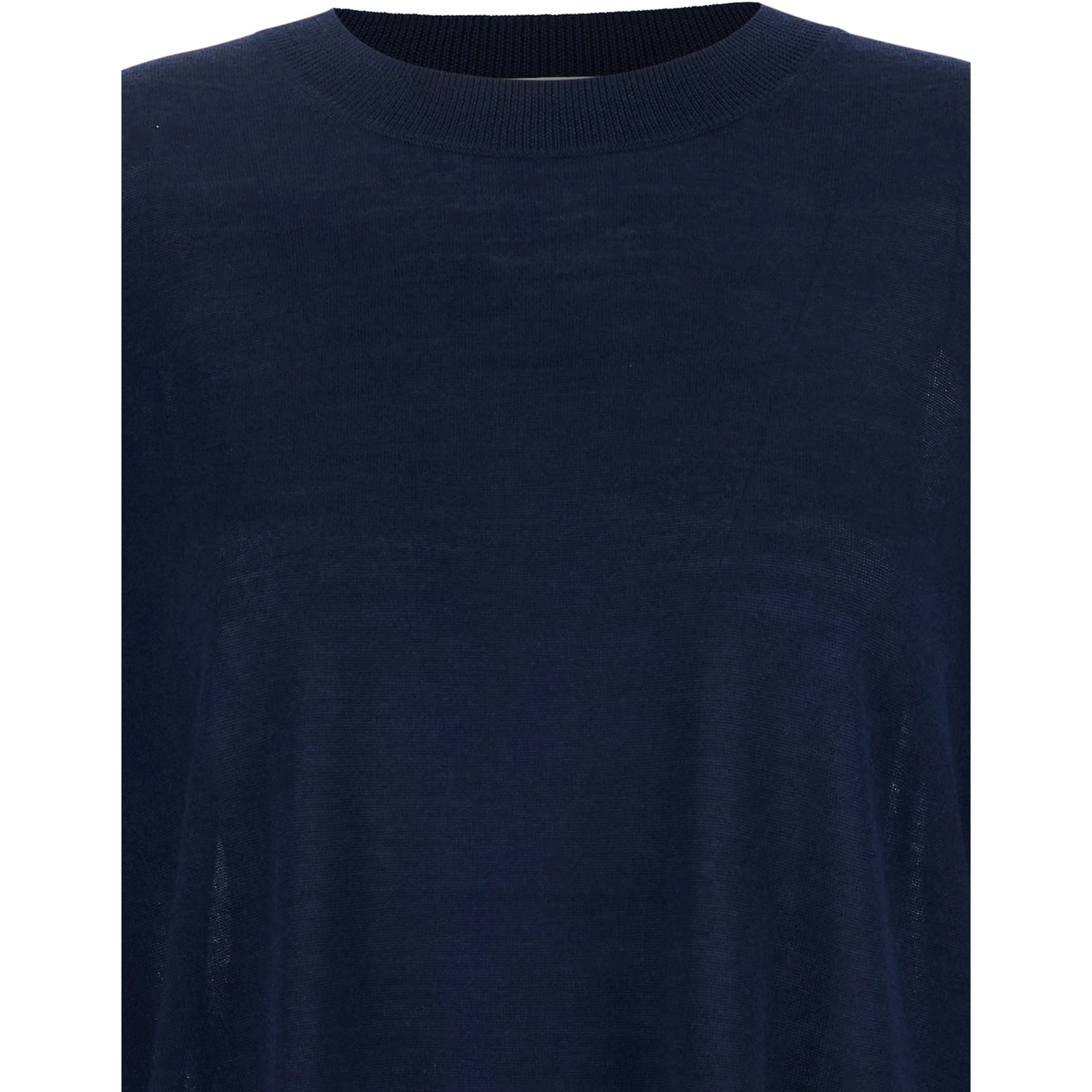 Blue Long-Sleeved Crewneck Sweater in Wool and Silk Blend Woman